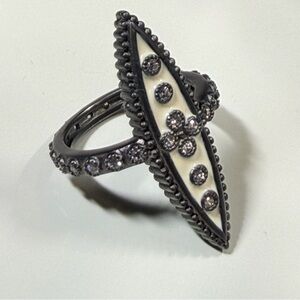 Freida Rothman Size 6 Marquise Ring – White Enamel with Crystals Statement Ring